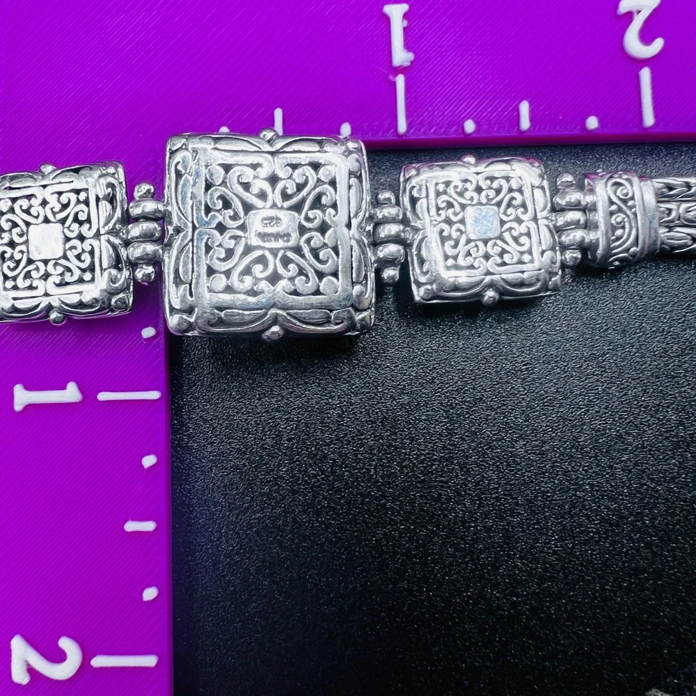 Sterling Silver Sarda Panel Bracelet Raised Square Floral Toggle Clasp Open Work
